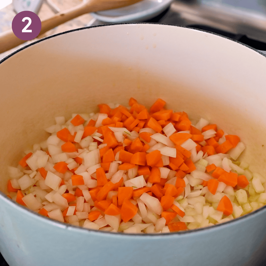 carrot and onion in a large soup pot.