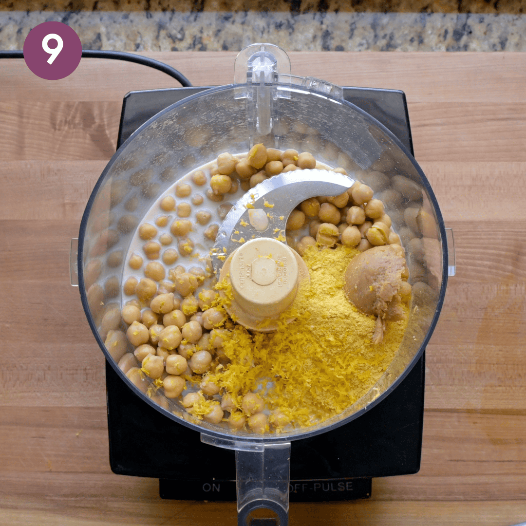 chickpea puree ingredients in a food processor before being blended.