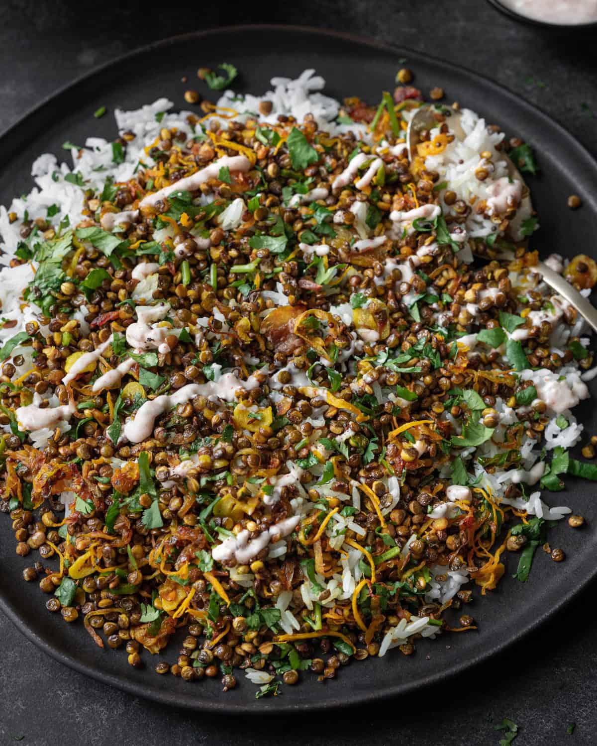 crispy Indian lentils on white rice with turmeric shallots on a black plate. 