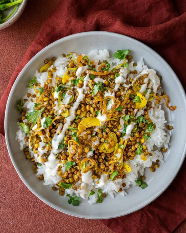 Crispy indian ish lentils with rice yogurt rainbow plant life