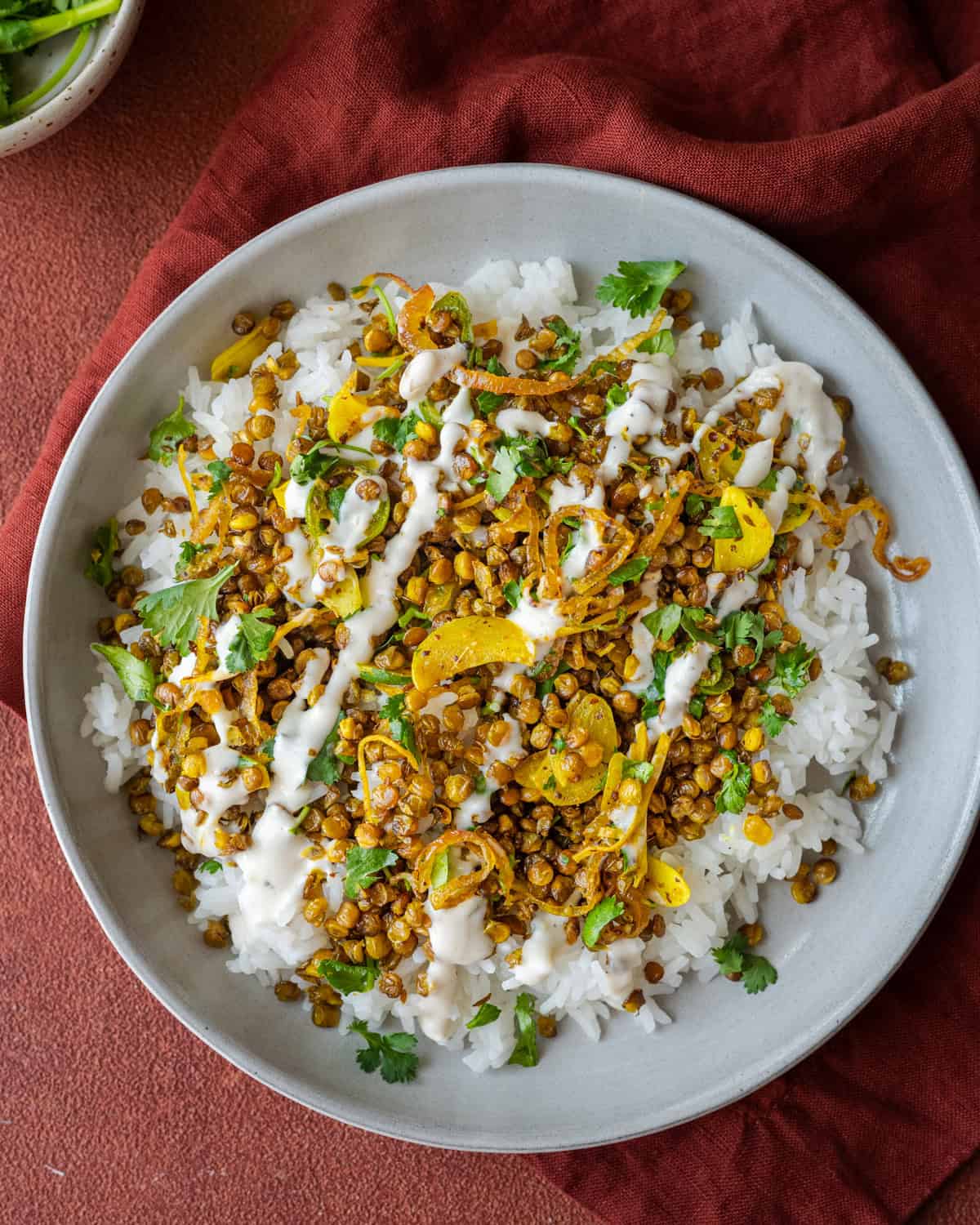 crispy Indian lentils on white rice with turmeric shallots in a shallow bowl on a red table. 