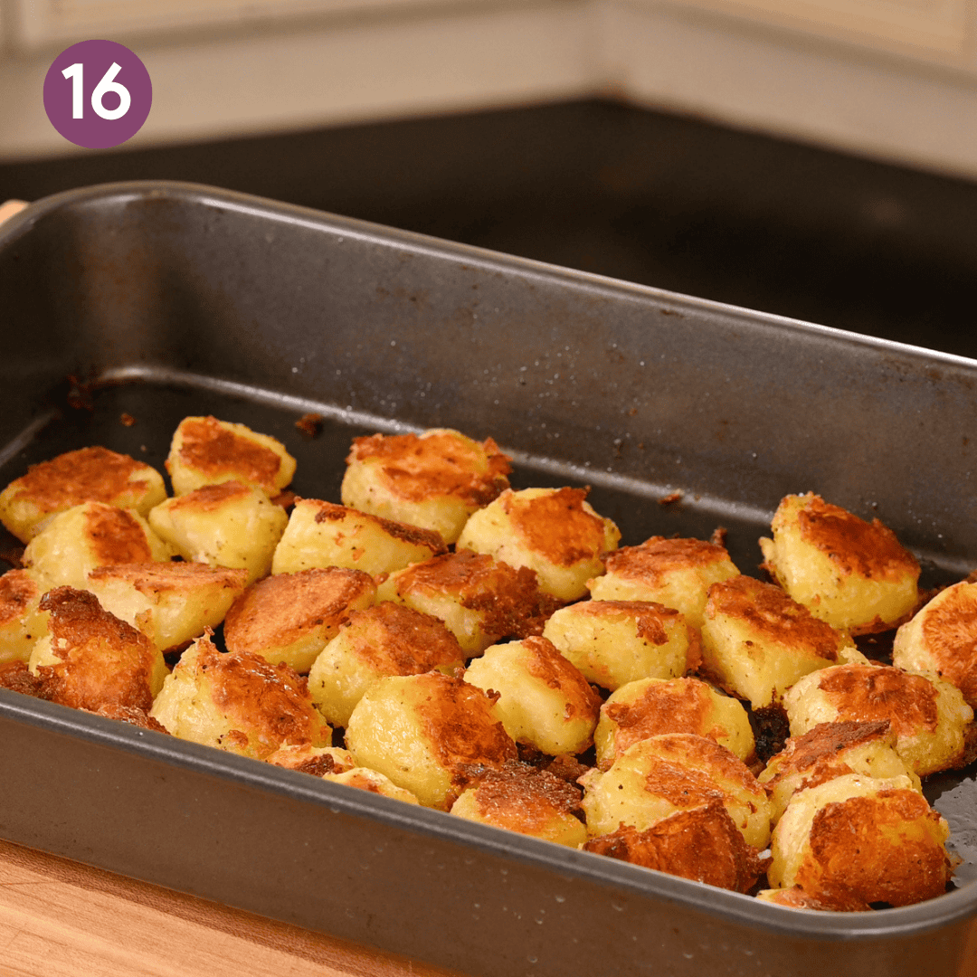 roasted potatoes in pan.