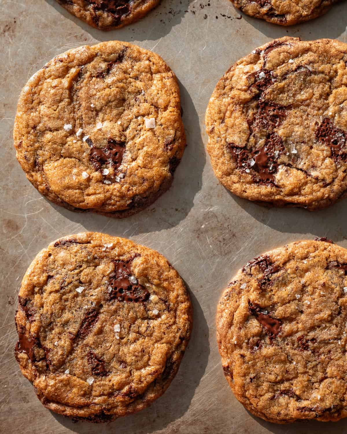 four chocolate chip cookies on a sheet pan.