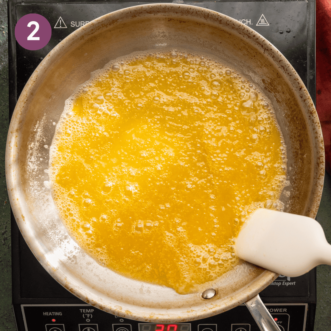 bubbling vegan butter in skillet.