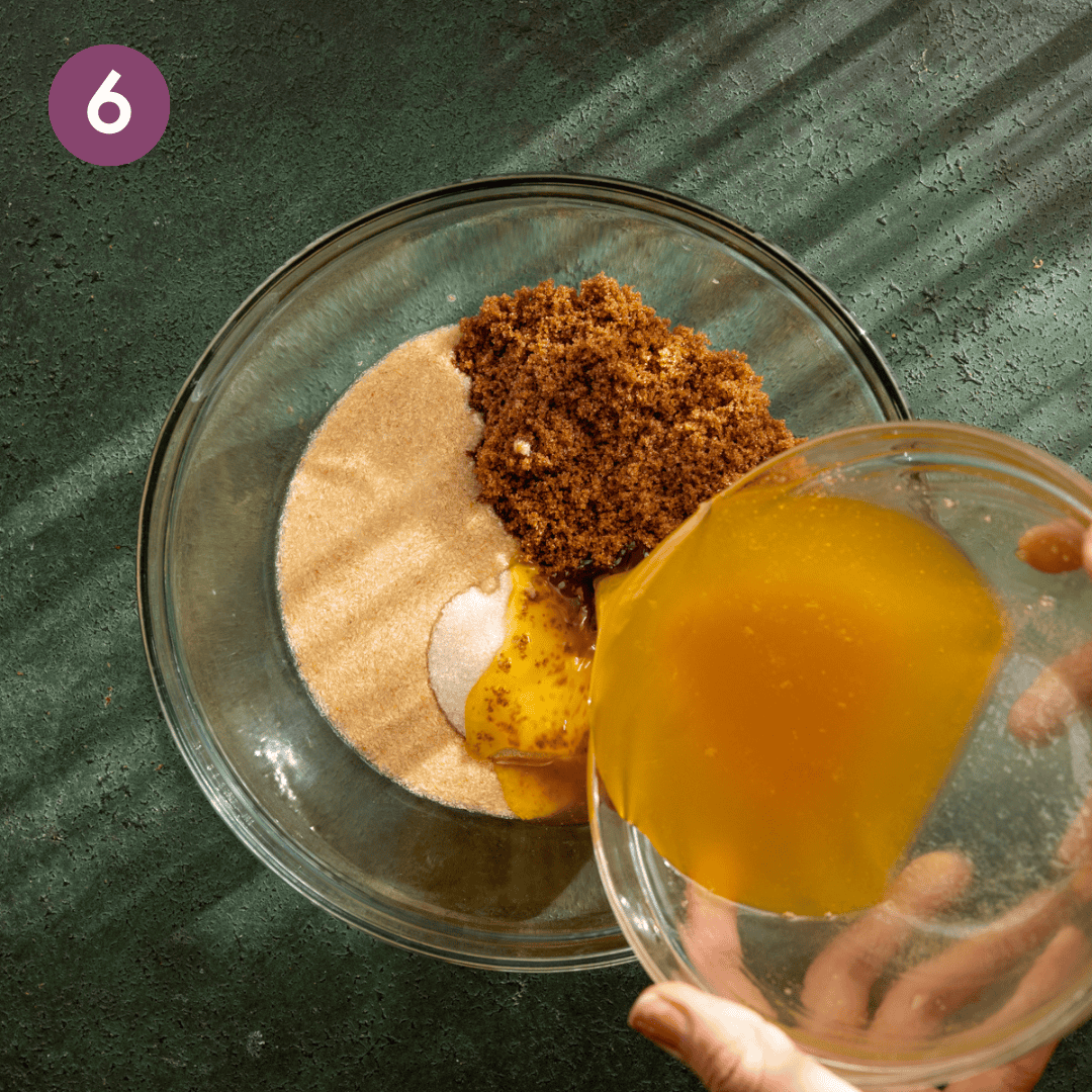 flax eggs, brown butter, brown and cane sugar and vanilla added to a bowl.