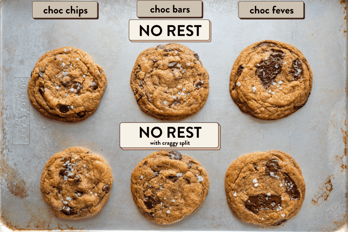 6 chocolate chip cookies, labeled with different resting and chocolate variables.