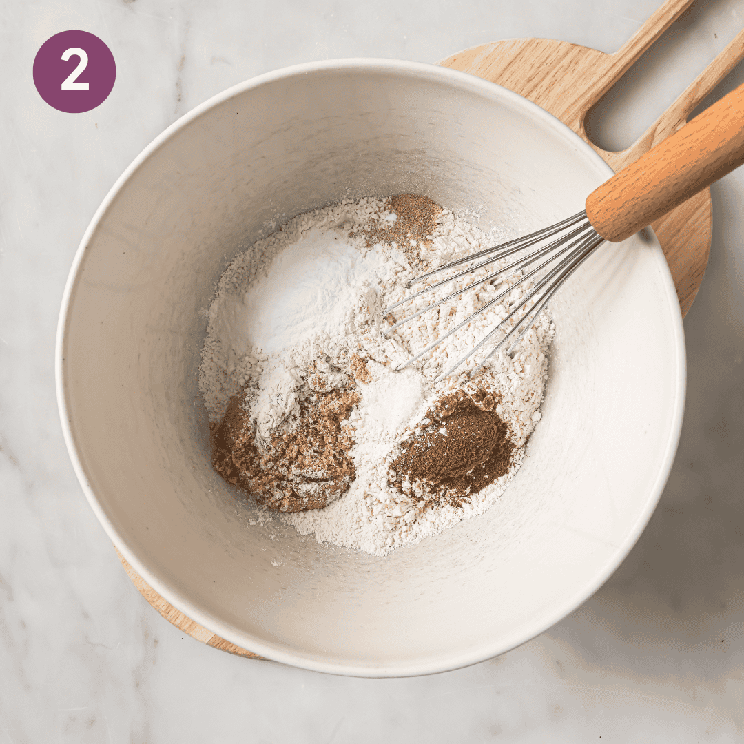 Dry ingredients and a whisk in a large bowl.