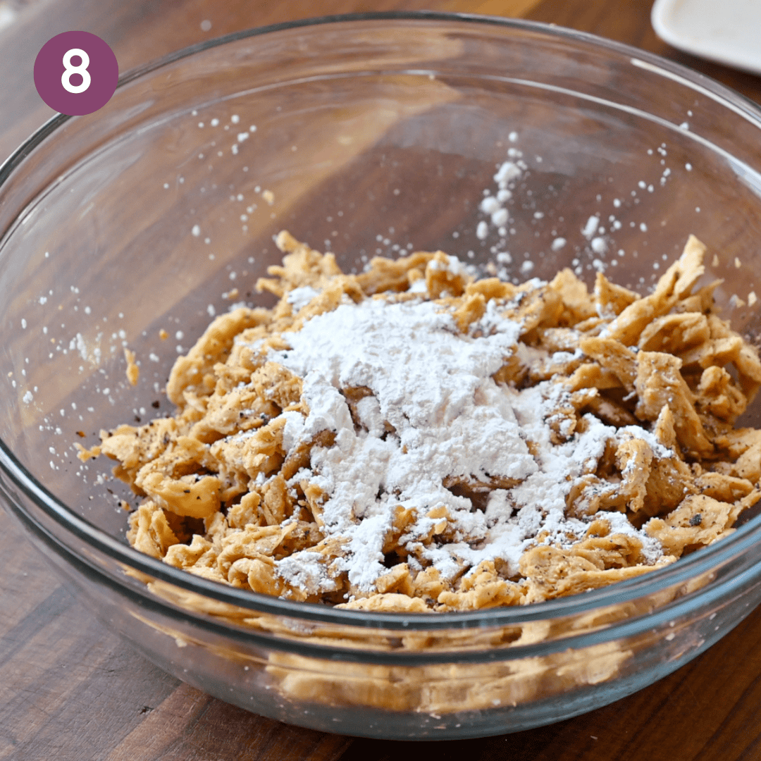 Cornstarch added to the soy curls with tamari.