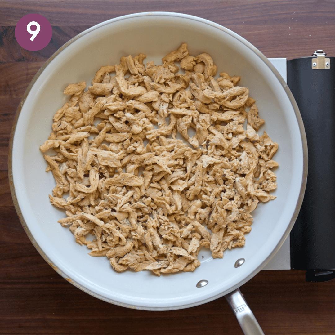 soy curls in frying pan before being cooked.
