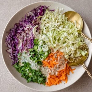 vegan coleslaw in a bowl with a spoon.
