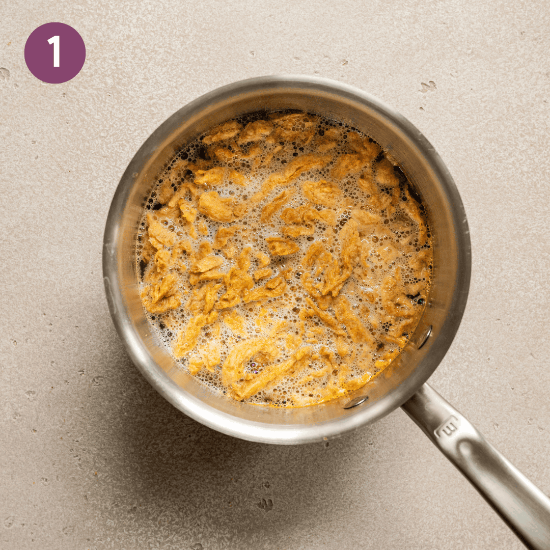 Hot water, better than bouillon and soy curls in a saucepan.