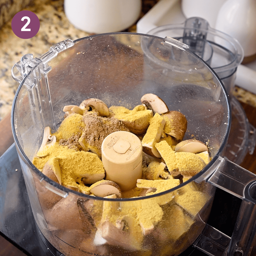Mushrooms, nutritional yeast and porcini mushroom powder added to walnuts in food processor.
