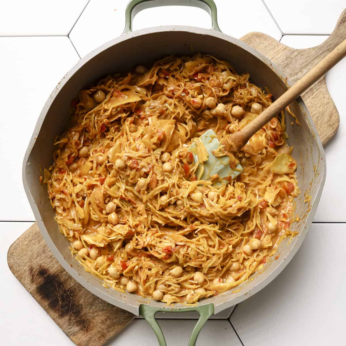 coconut milk, chickpeas, almond butter and salt stirred into the cabbage.