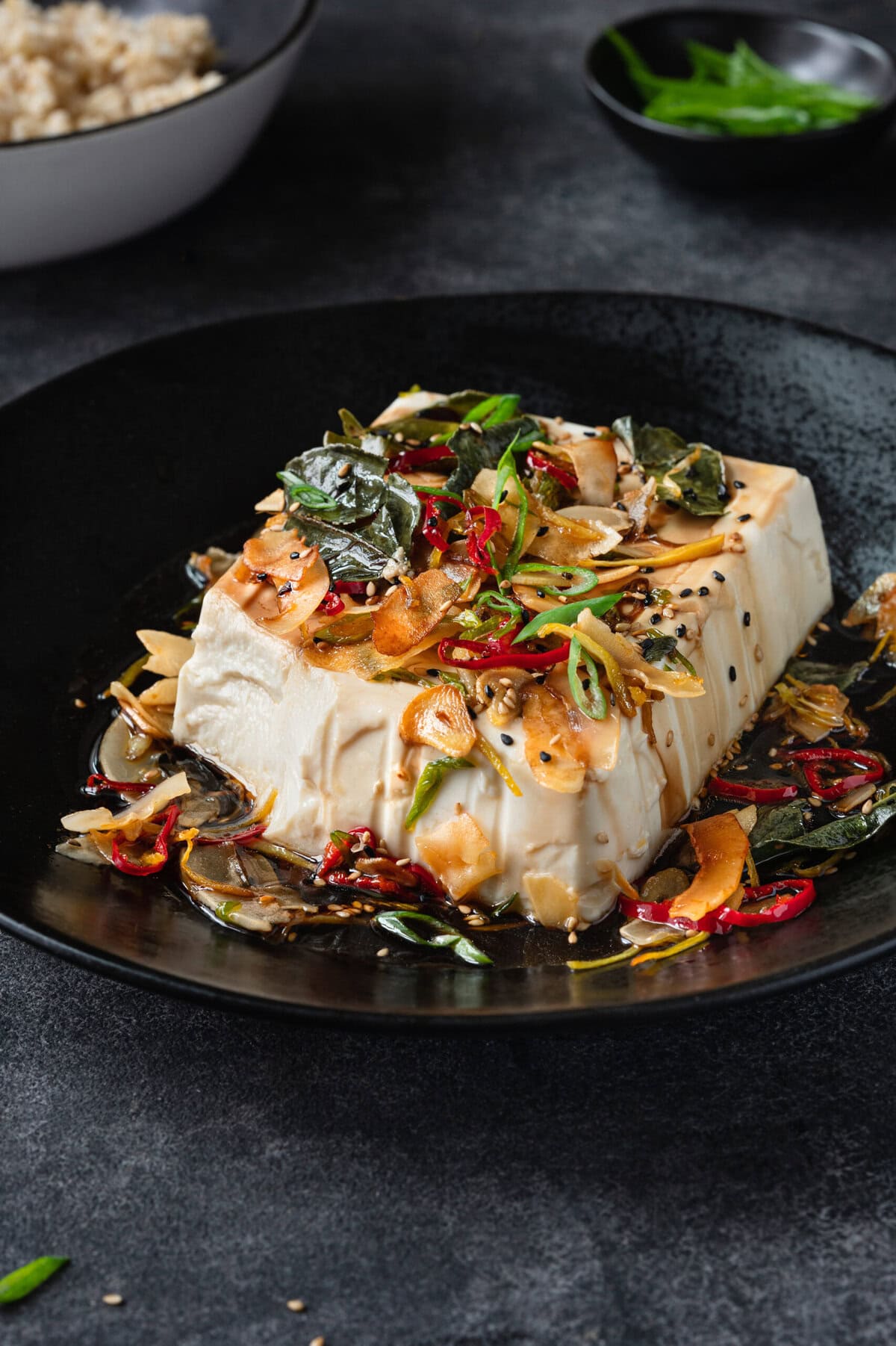 block of soft cold tofu with coconut ginger lime crisp.