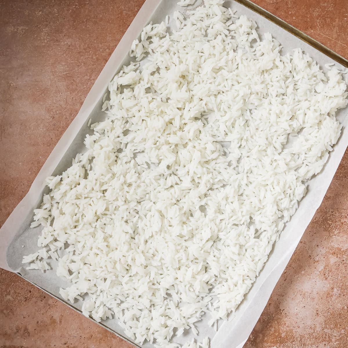 cooked spread out rice on a parchment paper lined baking sheet.