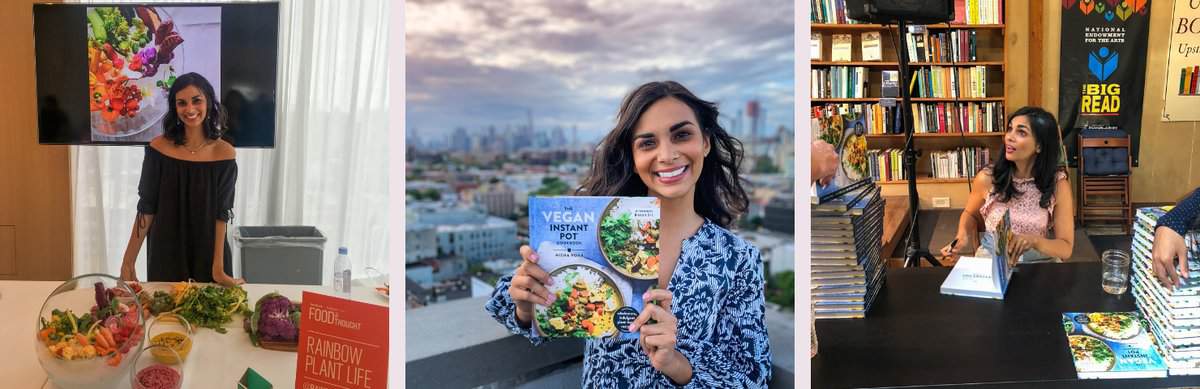 3-grid gallery of a woman in front of food and with a cookbook.