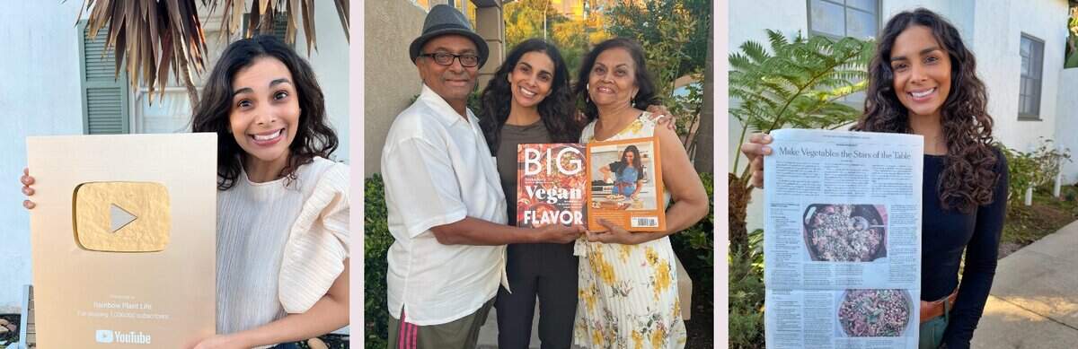 three grid gallery of woman with plaque, cookbook, and newspaper.