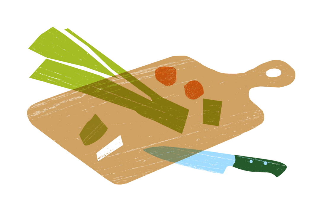 digital drawing of a cutting board with a knife and a chopped leek.