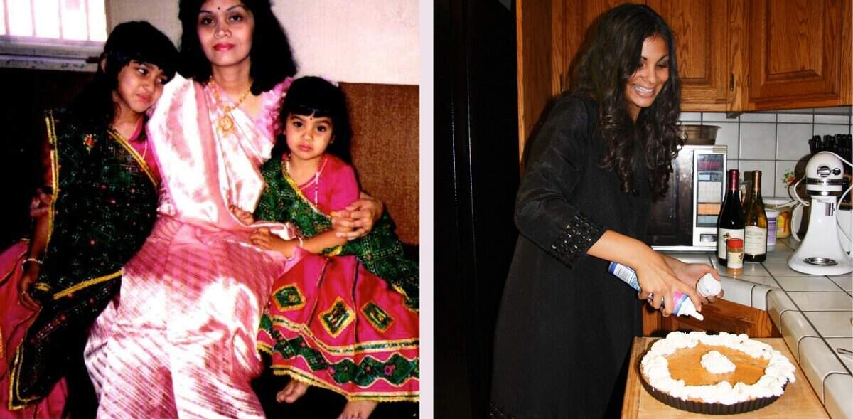 two photo grid of young Indian family and young woman with pumpkin pie.