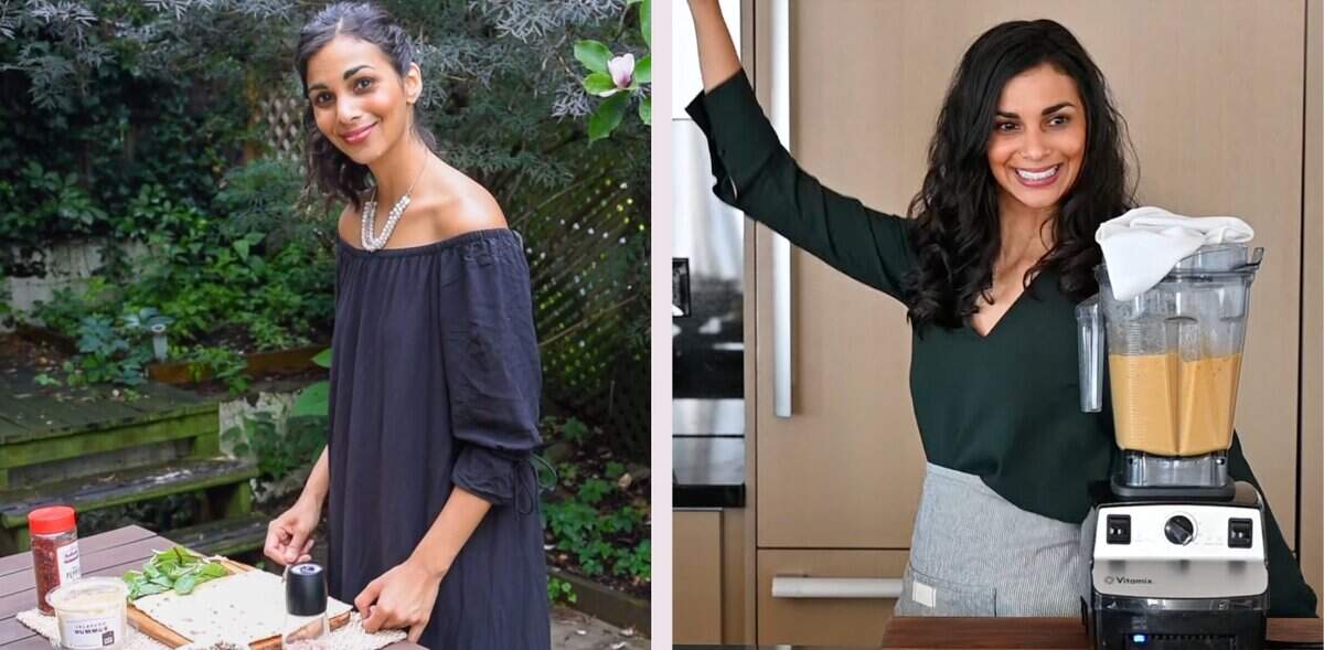 two gallery grid of young Indian woman outside and in a kitchen.