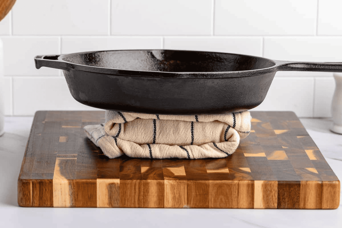 cast iron pan weighing down a block of tofu wrapped with a hand towel.