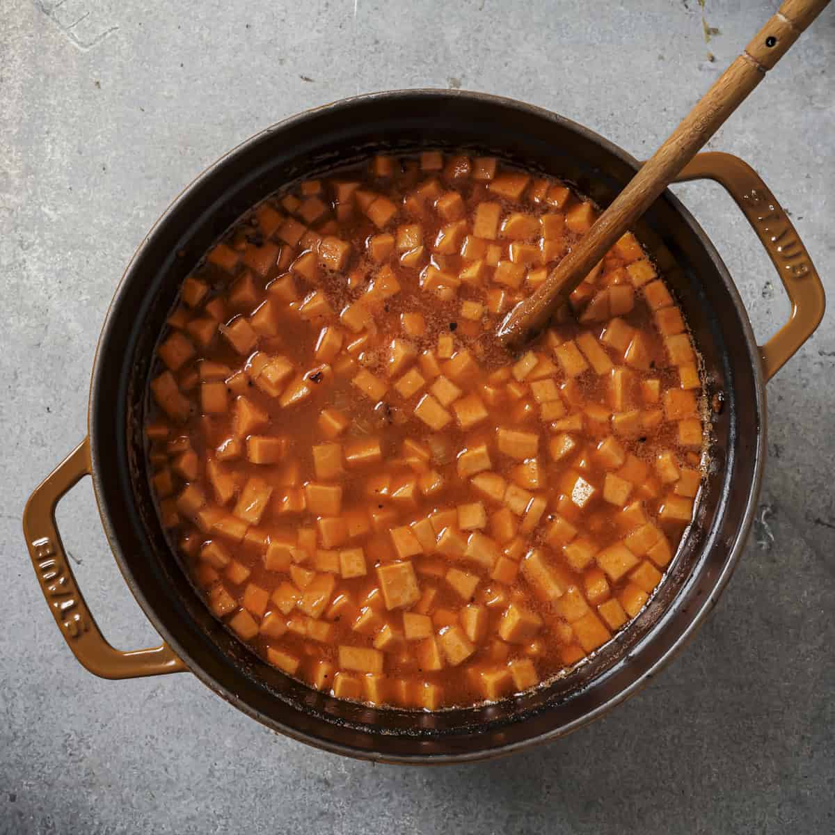 all soup ingredients stirred together in the pot.