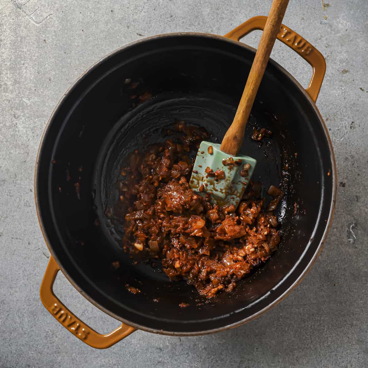 cooked spice and aromatic mixture in the pot.