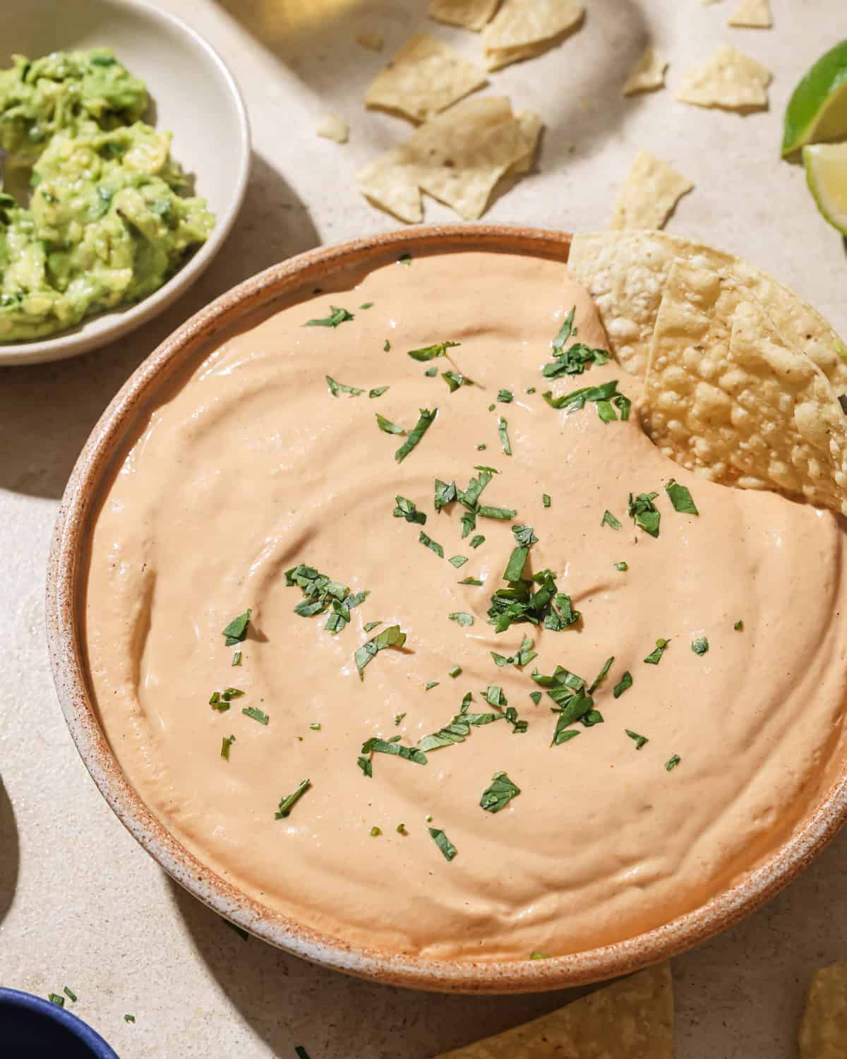 overhead view of big bowl of queso topped with cilantro.