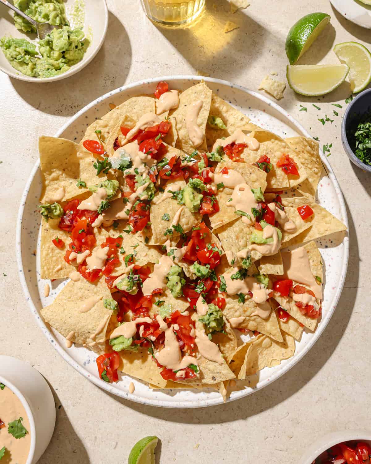 plate of tortilla chips covered in queso, salsa and guacamole.