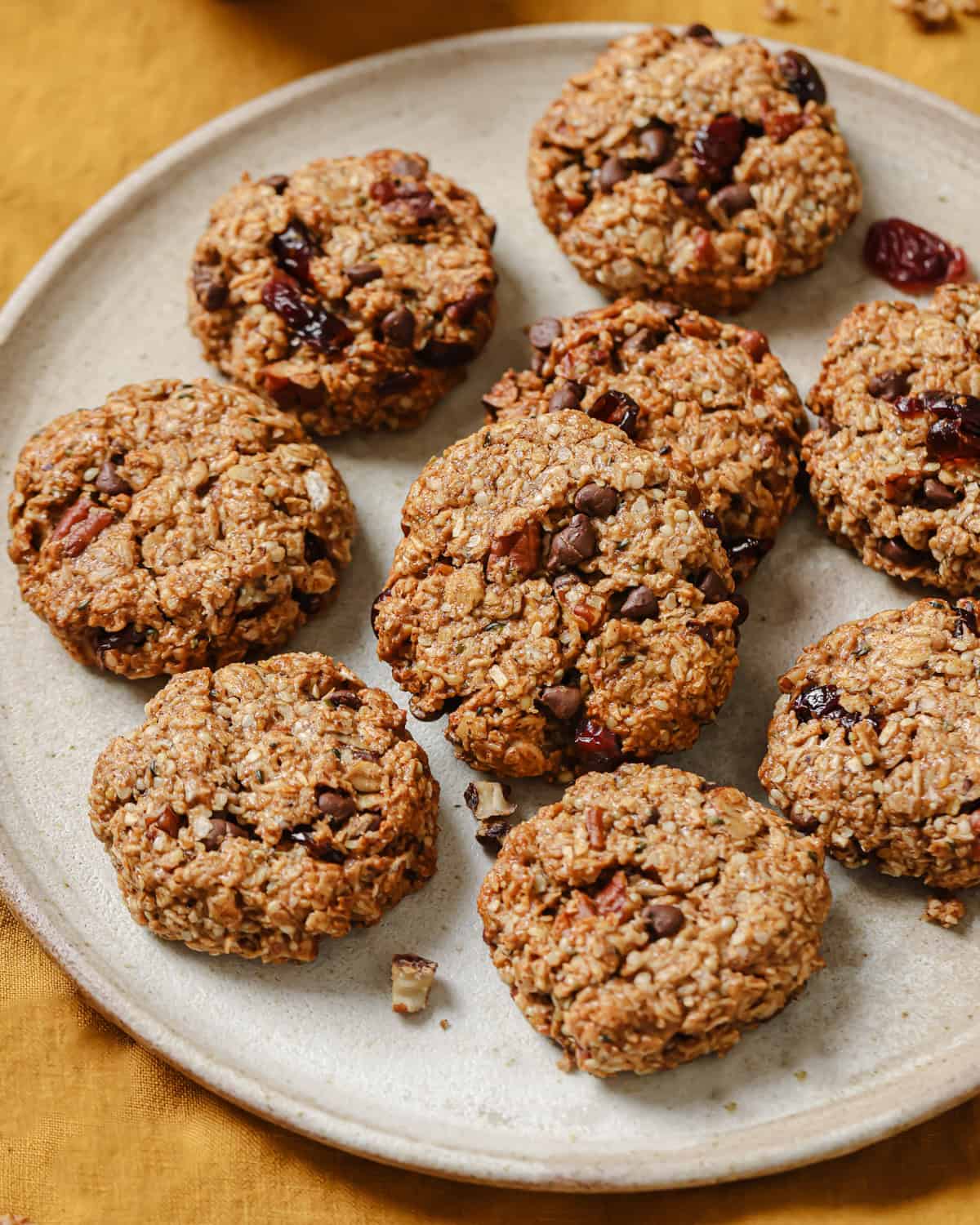 overhead view of a plate of breakfast cookies.