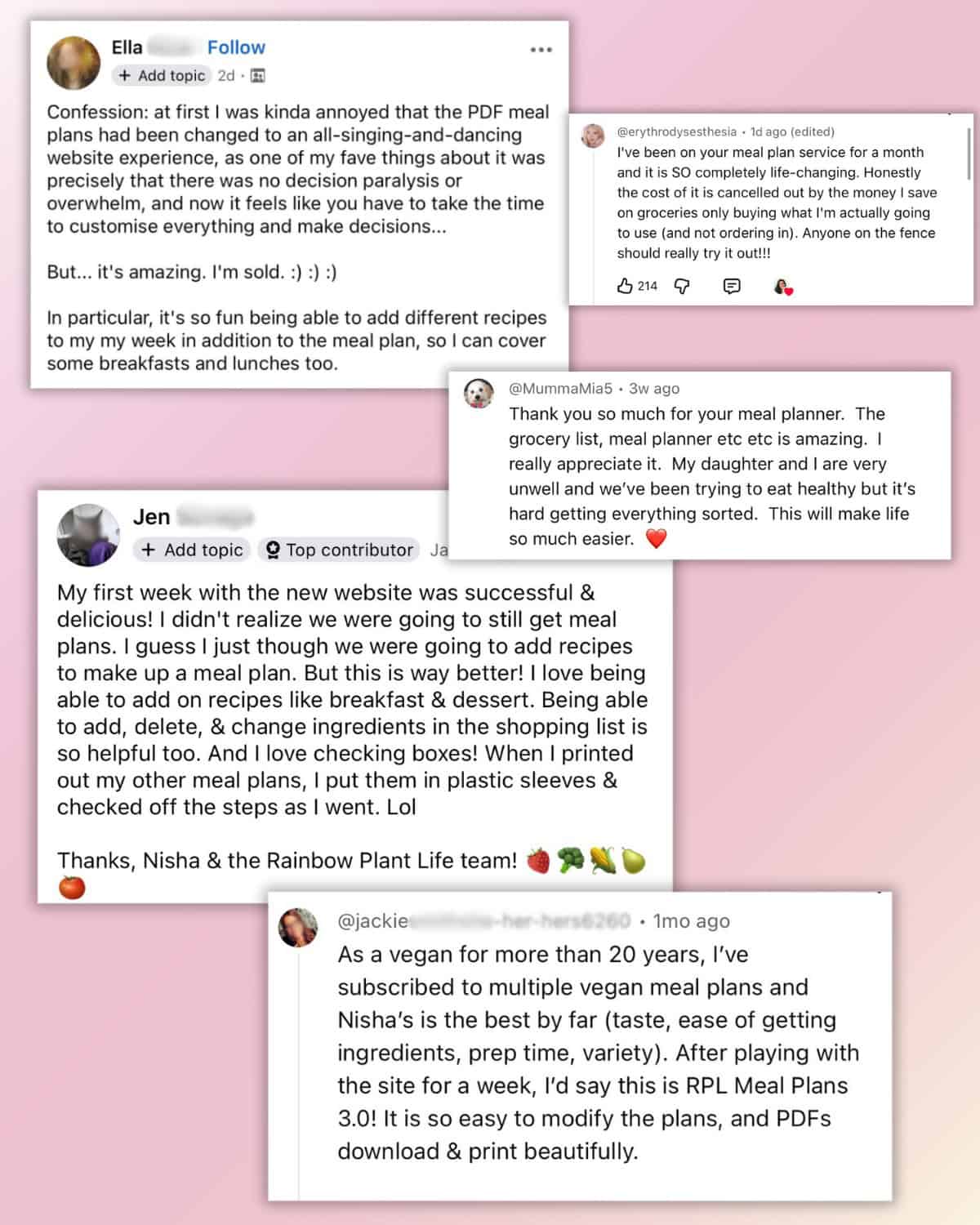 screenshot of various comments from users leaving feedback on RPL meal plans service.