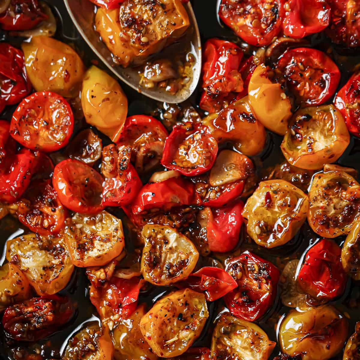 up close of finished confited tomatoes.