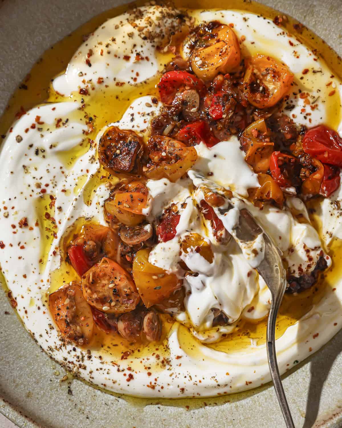 close up overhead view of vegan yogurt, spices and confited tomatoes with their oil in a bowl.