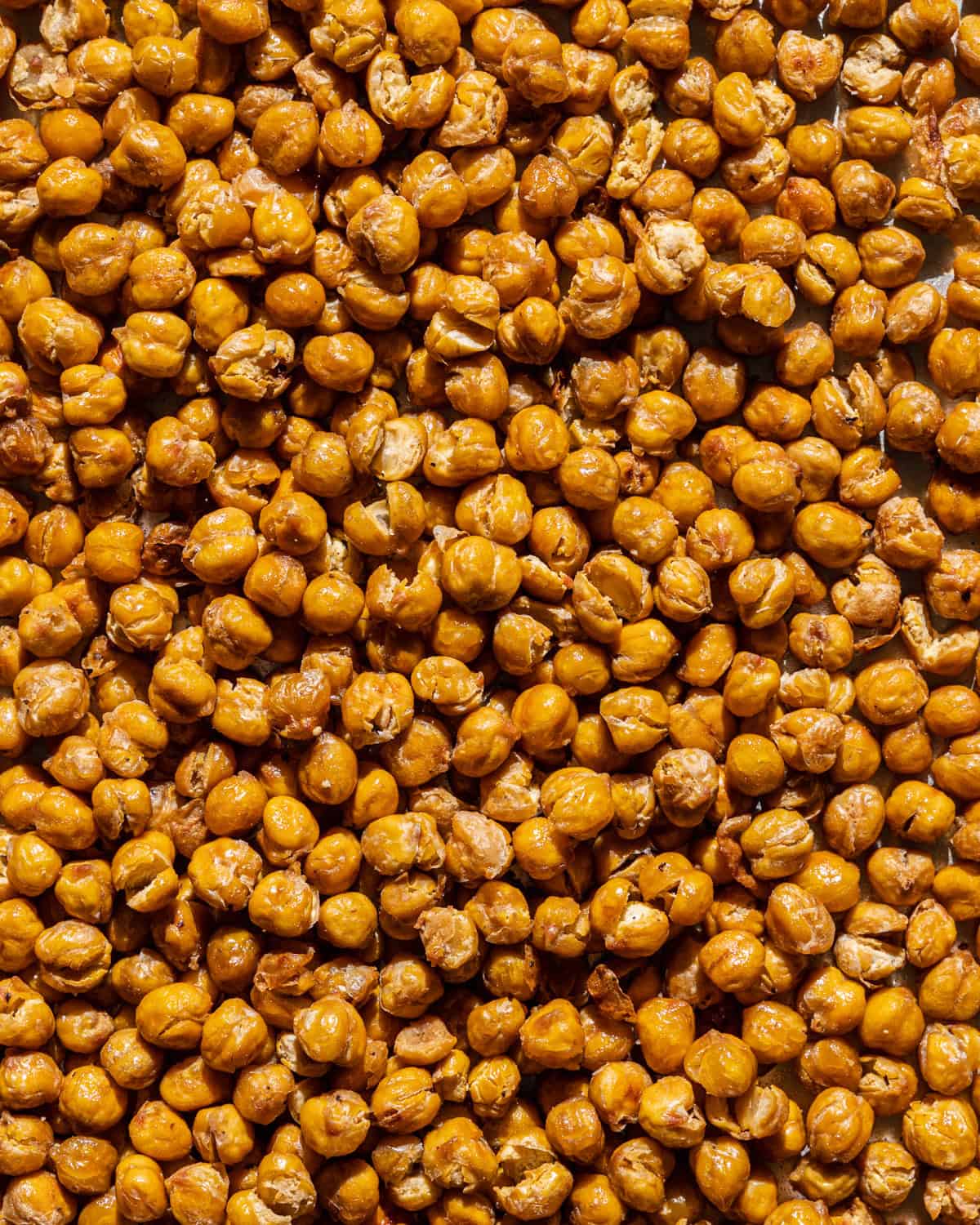 closeup of crunchy golden brown roasted chickpeas.