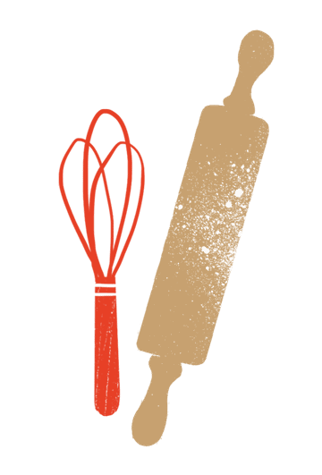 digital drawing of a whisk and rolling pin covered in flour.
