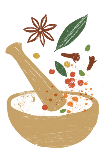 digital drawing of mortar and pestle with whole spices.
