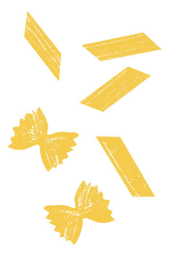 digital drawing of four pieces of penne and two pieces of bowtie pasta.