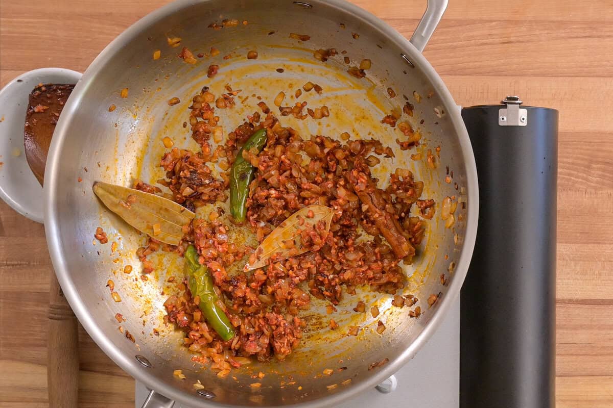garlic-ginger paste and tomato paste after being cooked with the other ingredients.