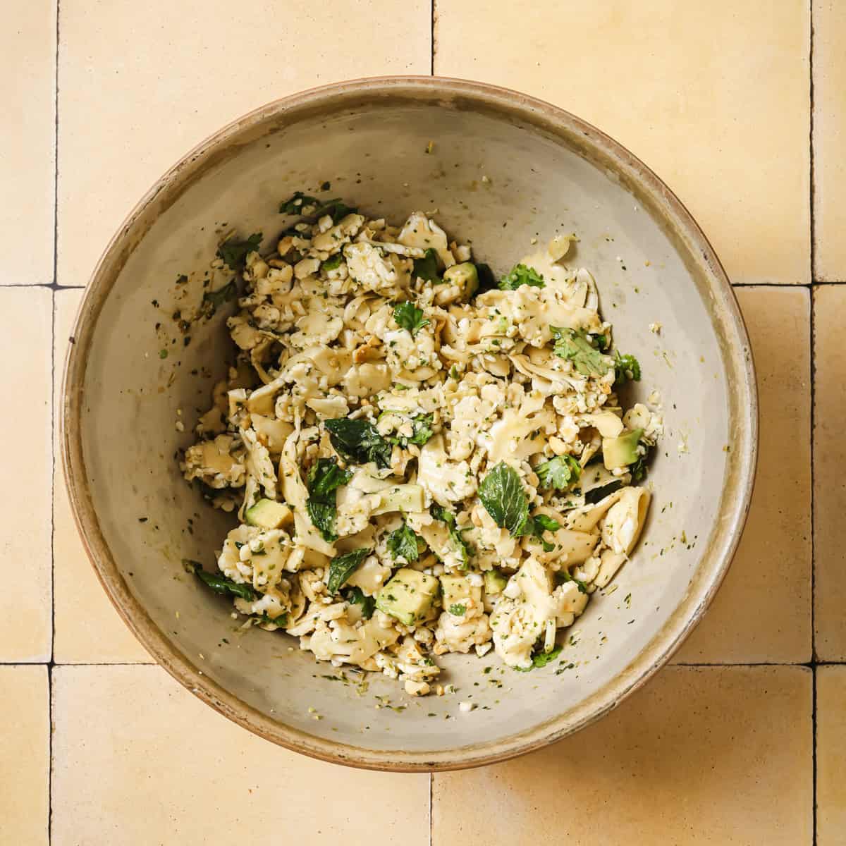 finished cauliflower salad in a bowl.