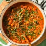 close up overhead photo of domoda in a dutch oven.