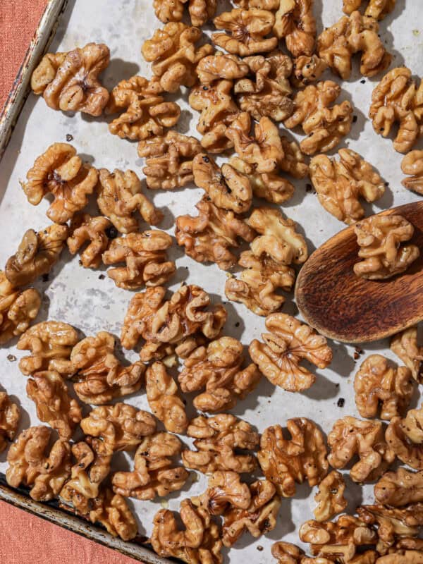 baking sheet with roasted walnuts.
