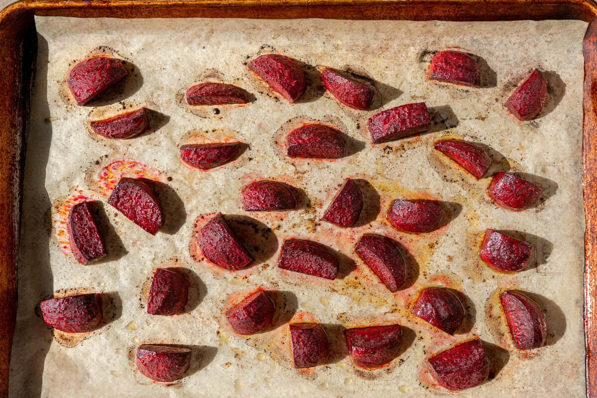 sliced beets after being roasted for 20 minutes.