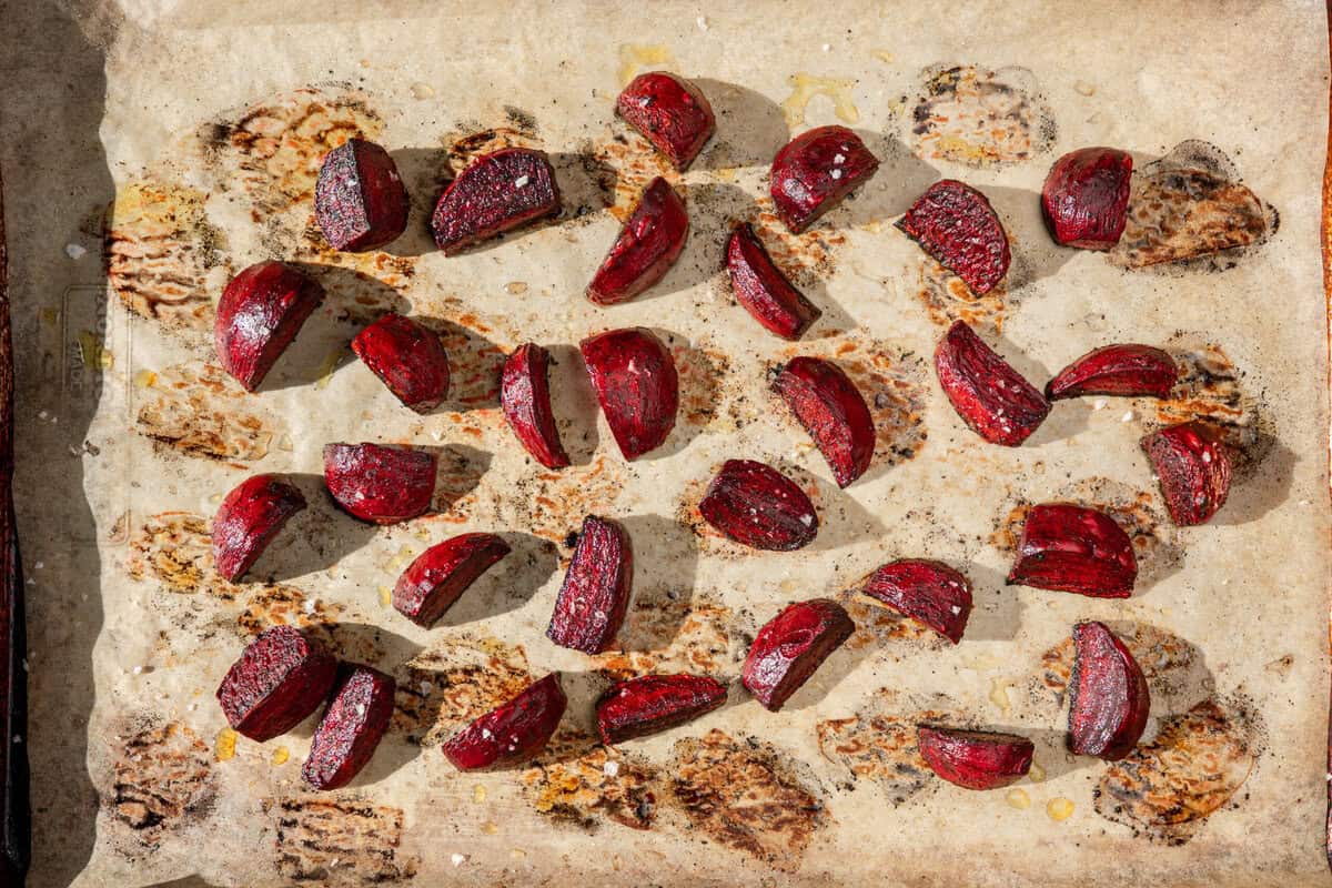 beets sprinkled with flaky sea salt after the full 35 minute roast.