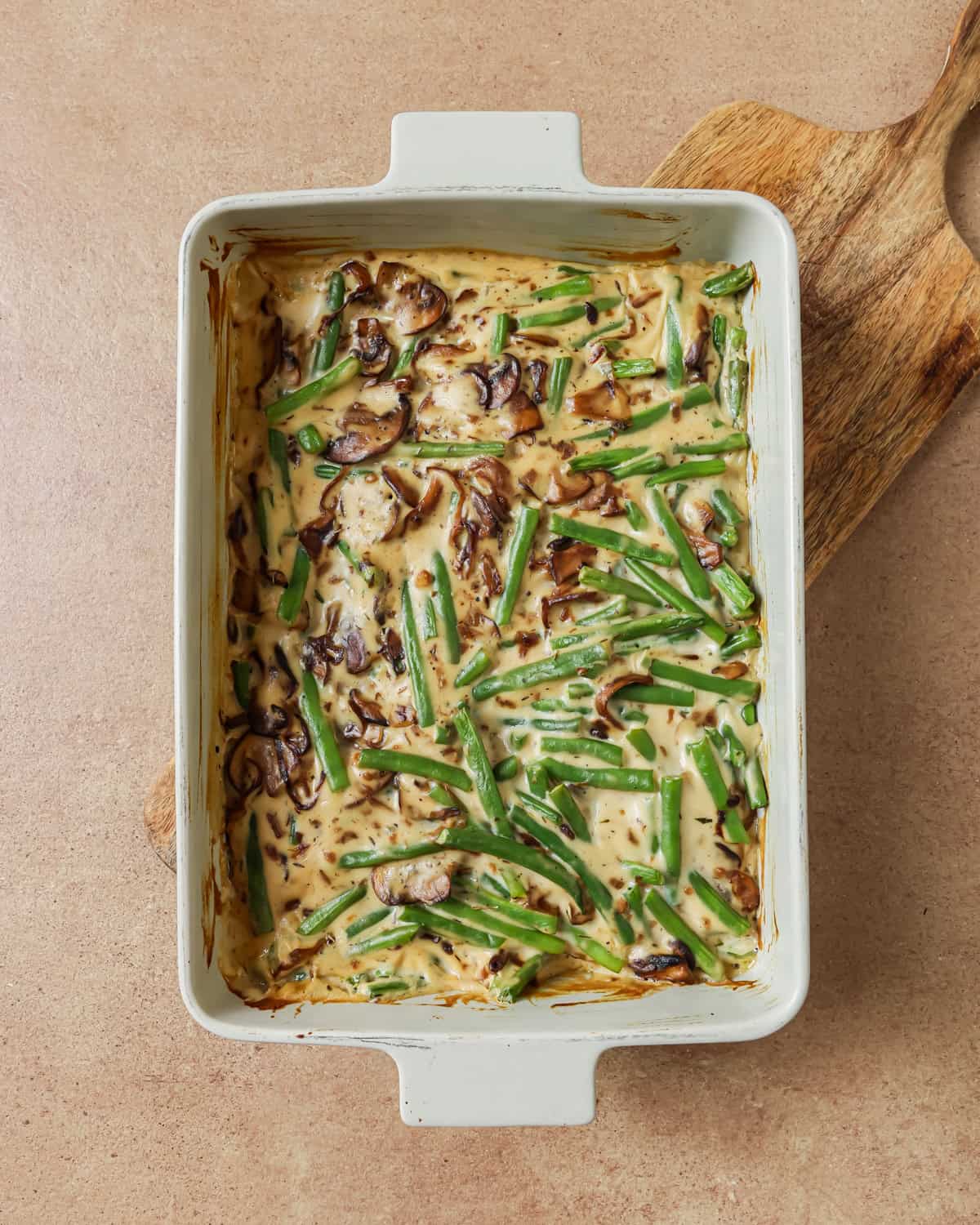 mixed and baked mushroom, green bean and cream sauce mixture.