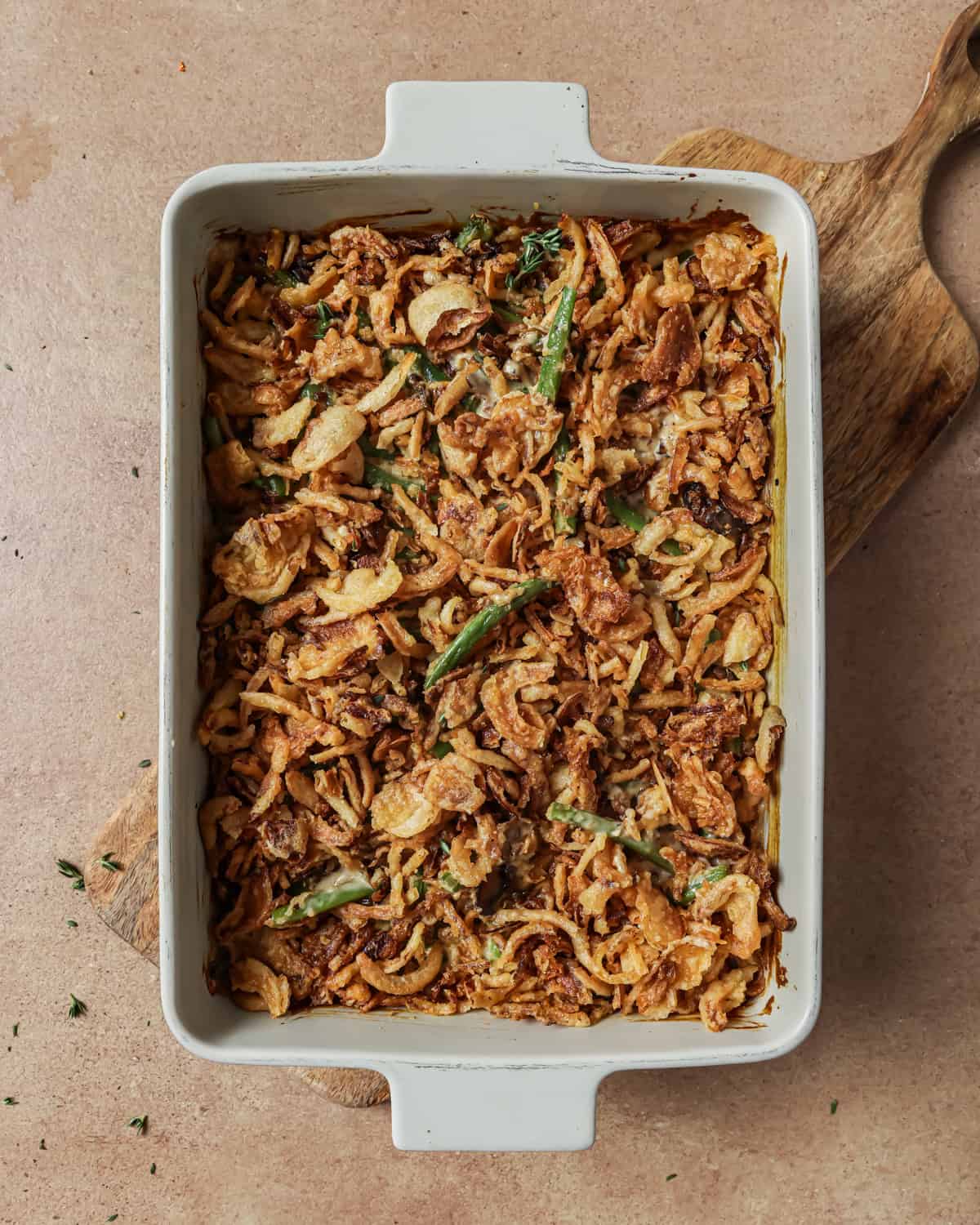 finished green bean casserole in the baking dish.