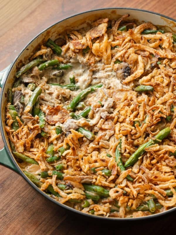 close up overhead shot of green bean casserole in baking dish.
