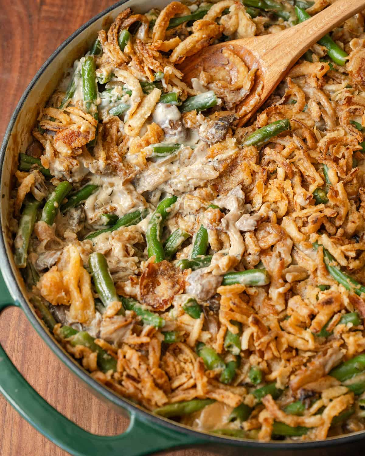 close up overhead shot of green bean casserole in baking dish.