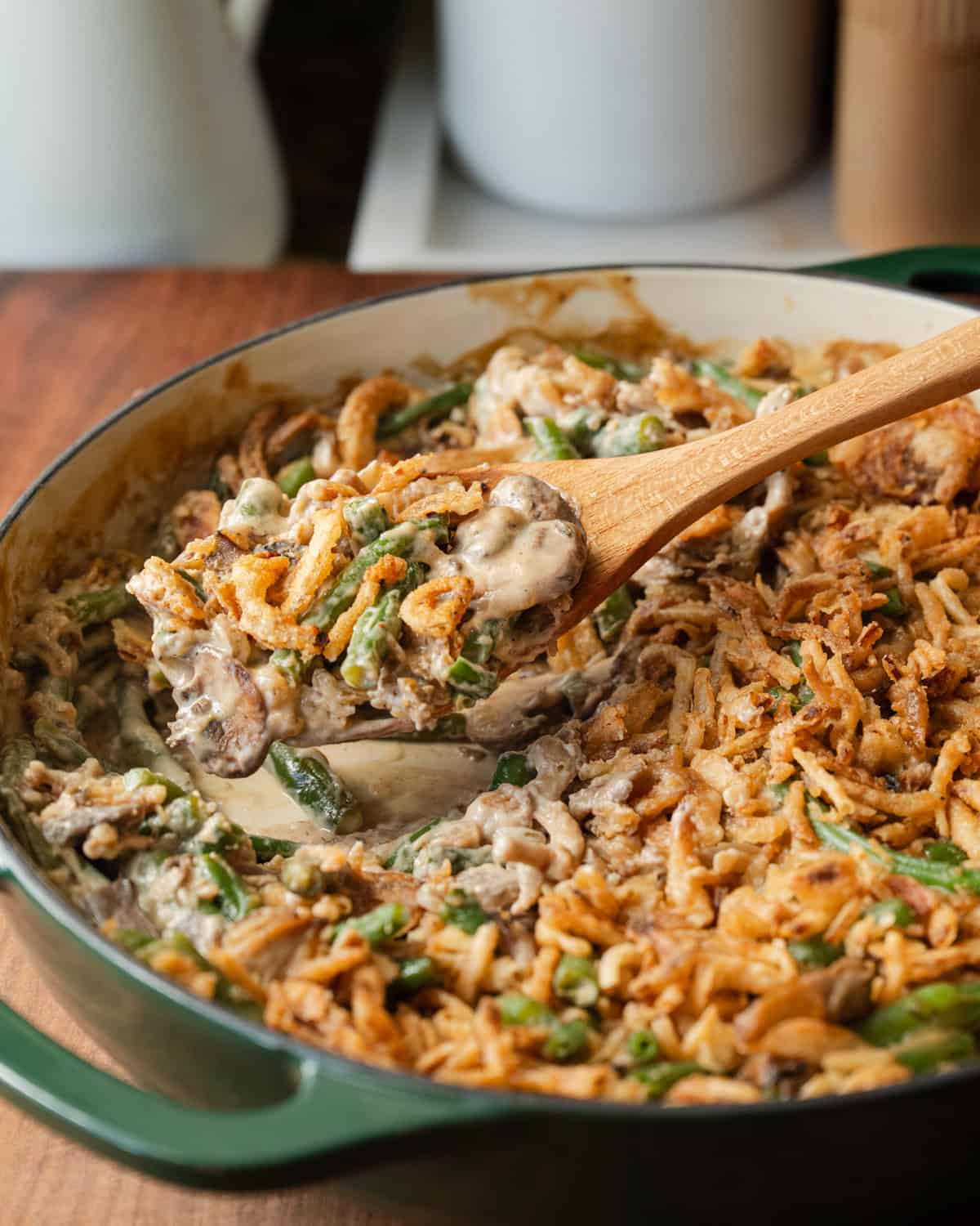 side view of green bean casserole in a baking dish.