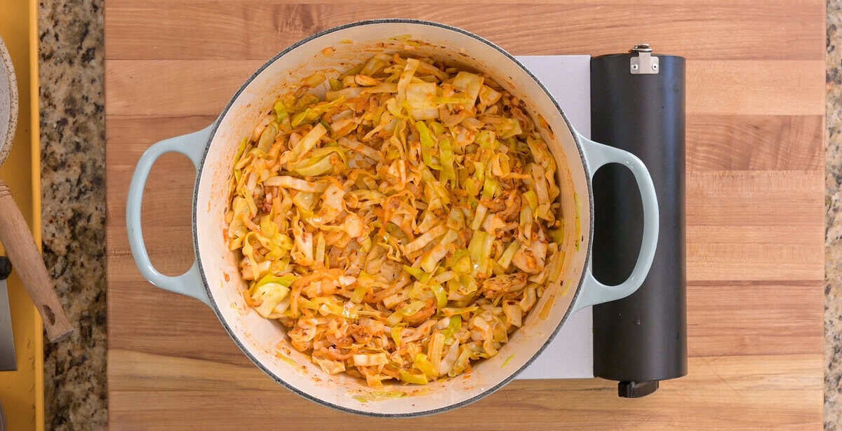 ingredients stirred and cooked together in the pot.